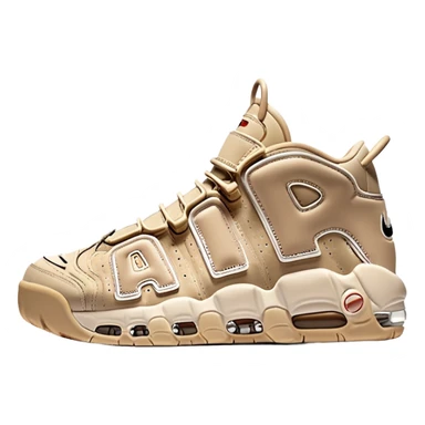 Beige Nike Air More Uptempo sneakers with large AIR letters on the sides, with one sneaker positioned slightly behind the other sticker