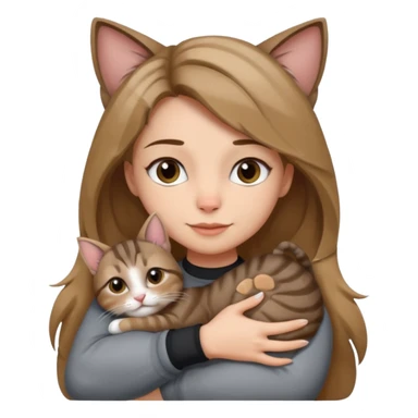 Une femme avec les cheveux dégradée, brun et blond, qui fait un câlin à son chat gris, tigré avec les extrémités que pattes pointe d’oreilles noires et le dessous du menton blanc sticker