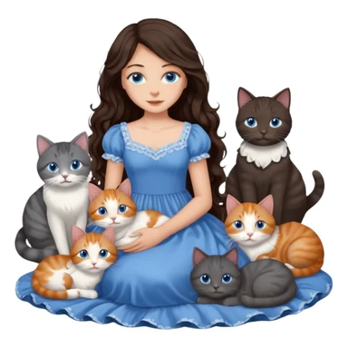 detailed realistic looking a dark grey and white cat regally laying with six other cats, cuddling with their owner in bed who is a pretty bratz lightly tanned white girl with long dark brown hair, blue eyes and gorgeous long wavy hair wearing a pretty detailed dress sticker