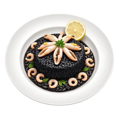 cinematic-realistic-black-risotto-dish,-showcasing-small squid pieces-rendered-with-bold-textures-and-dynamic,-dramatic-lighting in a white plate with a grilled lemon on top sticker