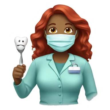 Brown Woman dentist with long red hair wearing face mask holding a tooth  sticker