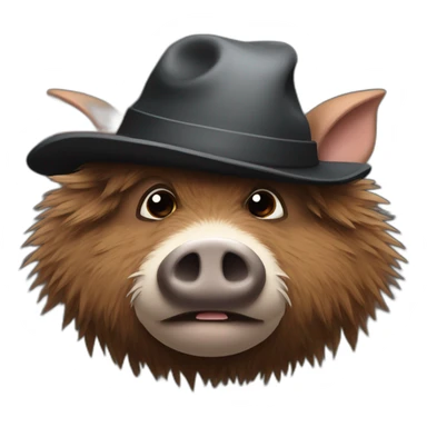 Sad brown stubble boar with tusks in a black winter hat sticker