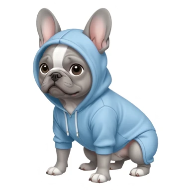 A full body grey French bulldog on all fours wearing a light blue hoodie with the hood down sticker