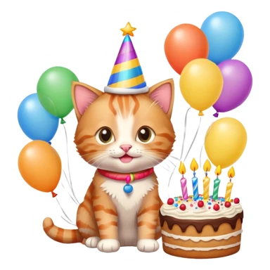 Ginger tabby kitten celebrates birthday, birthday hat, birthday cake, balloons, happy, gifts sticker