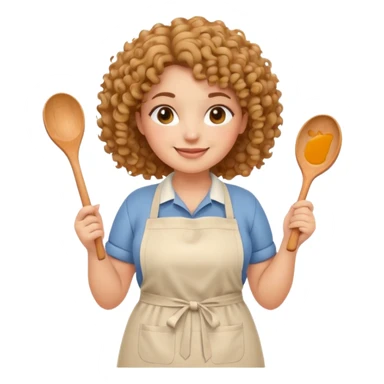 Cute emoji avatar of a plus size woman with curly hair, warm skin tone, wearing a casual kitchen apron, smiling and holding a wooden spoon. Simple, clean lines, pastel color palette. Suitable for Instagram profile and stories. sticker