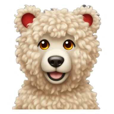 Light coloured curly fur. With Orange eyes teddy bear wearing a beige sweater with a red heart in the middle.  sticker