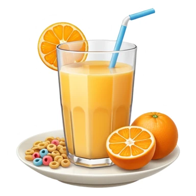 A glass of juice and a bowl with cereals sticker