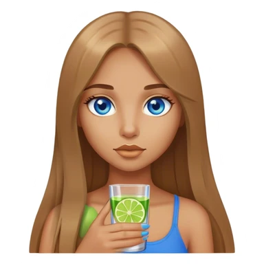tan girl, long light brown straight hair, blue eyes, holding a shot with lime sticker