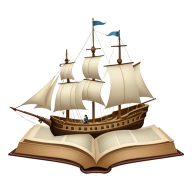 Collage for Reading Fiction: Cola large open book with pages turning into a sailing ship, with musketeers on horseback, and Sherlock Holmes with a magnifying glass standing nearby. The icon should evoke the adventure and romance of exploring fictional worlds. Transparent background sticker