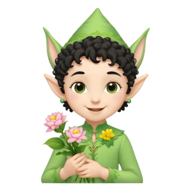 Tiny elf baby black curly hair with pointy ears\, pastel green outfit, hold flowers sticker