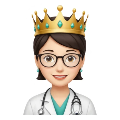 white female doctor very short dark brown hair with glasses and earings and a crown sticker
