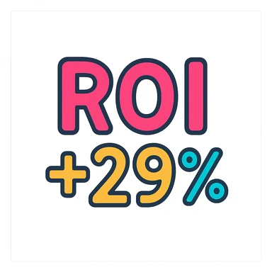 text 'ROI +29%' in playful handwritten font, lineal color icon style with black outlines sticker