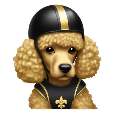 Gold poodle wearing a black football helmet with gold stripe and gold fleur de lis emblem sticker
