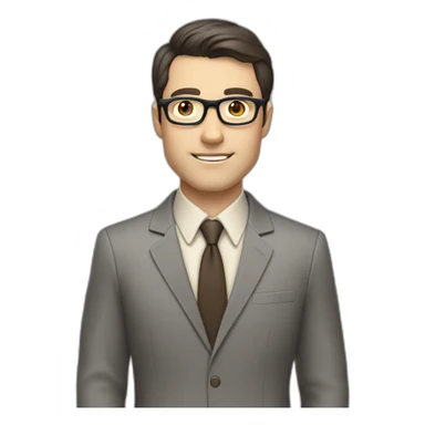 Full height Pale skinned Fit Man With dark brown hair in classic gray suit, beige office shirt, dark gray tie, and vintage glasses. His right hand is directed up sticker