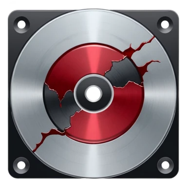 Minimalist emoji-style sticker of a single CD with a sharp crack and a dried blood spot. View from above, black, gray, and muted red.
 sticker