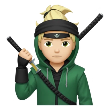 Green ninja Lloyd garmadon blonde hair, kaptur hoody on his head but blonde grzywka visible; the bottom left one is best (the one without miecze + black band + no mask of face) but add miecz sticker