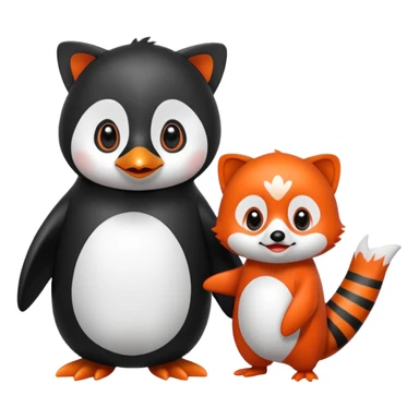 A cartoon  cute cartoon penguin. Next to it is a cartoon red panda holding its flipper  sticker