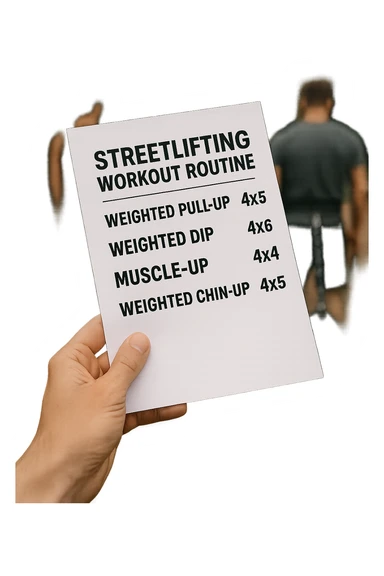 a close-up of a hand holding a printed streetlifting workout routine, with the exercises and sets written in bold text. In the background, an outdoor gym with pull-up bars, dip stations, and athletes wearing weighted belts. The lighting is natural, and the mood is motivational. sticker