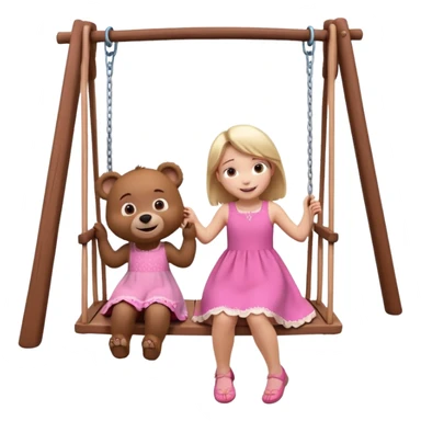 Create a 3D animated scene in the style of a children's cartoon. A small girl similar to Masha is sitting on a swing, smiling happily. A big friendly bear stands behind her gently pushing the swing. Bright colorful forest background, soft lighting, warm and playful mood." sticker