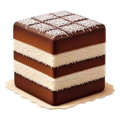 Lamington Cinematic Realistic Lamington Dessert Emoji, depicted as a sponge cake square coated in chocolate and dusted with coconut on all sides, rendered with lifelike textures and vibrant, tropical lighting. sticker