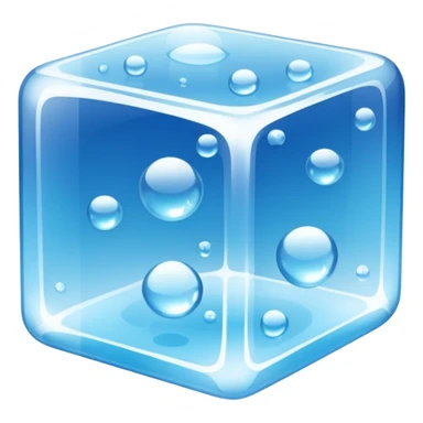 A single transparent ice cube with smooth rounded edges, highly detailed, crystal-clear with tiny air bubbles inside, glossy reflections, cool blue tones, soft shine on the surface, realistic lighting, floating on a clean blue background, ultra-high resolution, 3D look, sharp details sticker