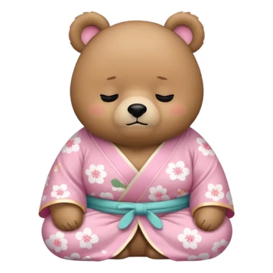 A cute chubby light-brown bear wearing a pastel pink sakura-patterned kimono, standard body and small round head, adorable simple face, sleepy half-closed eyes, small blush on cheeks, sitting while dozing off, tiny “zzz” floating above the head sticker