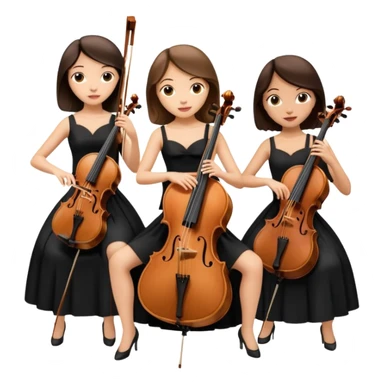 Create an imagine of three brunette women playing string instruments in black dresses, the first is playing a cello, the second is playing a viola and the third is playing the violin sticker