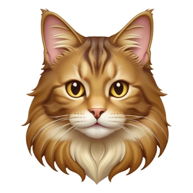 Cinematic Cute Maine Coon Cat Portrait Emoji, Head tilted playfully and inquisitively, sleek brown, gold, and cream tones, Simplified yet adorable features, highly detailed, glowing with a warm, friendly glow, high shine, curious and affectionate, stylized with a touch of whimsy, bright and alert, soft glowing outline, capturing the essence of a mischievous yet loving kitten, so endearing it feels like it could pounce out of the screen and play with its fluffy tail swishing! sticker
