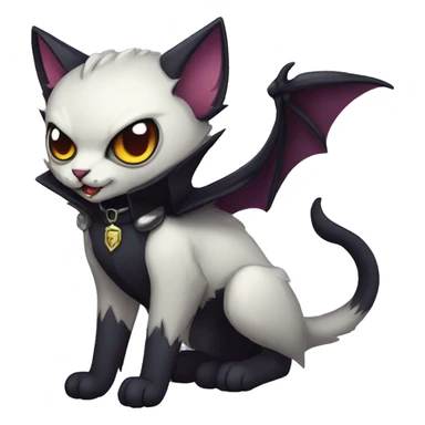  cool edgy fantasy dark-themed animal vampiric cat-hybrid Fakemon with fangs and bat-wing-ears with a collar full body sticker