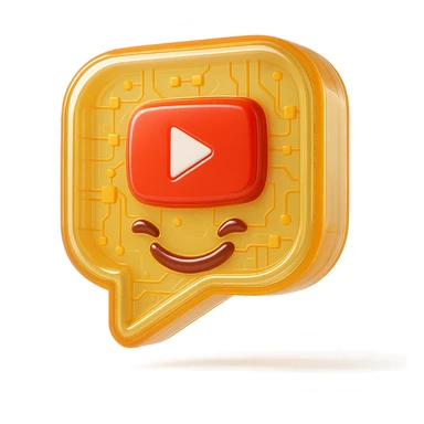 speech bubble with a playful sarcastic grin, red YouTube play button, glossy circuit style sticker