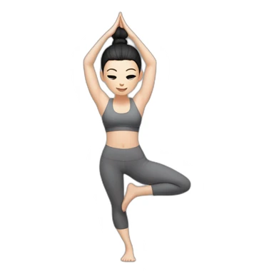 Pale skinned fit woman In a gray tight yoga suit and wristbands With black hair in a bun doing yoga sticker
