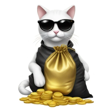 cat in brutal dark glasses with a bag of gold coins sticker