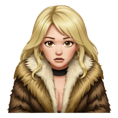 Cinematic Realistic Ultra HD -  Angry, High Nose - Glamour, Plunging Neck Hilary Duff Extreme Long Long Hairstyle in Shaggy Fur Coat with Gold Flash - Crouching on Kashmir Carpet sticker