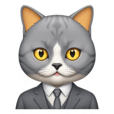 British Shorthair with yellow eyes wears gray suit attends a press conference. sticker