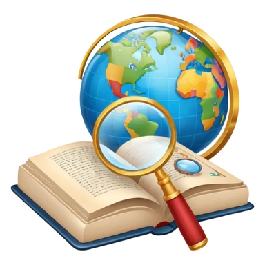 An icon featuring an open book, a speech bubble, and a magnifying glass, symbolizing philology and linguistics. The design includes language symbols, a globe, and alphabet letters, representing the study of languages and their structures. Transparent background  sticker