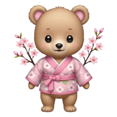 A cute baby bear character in pastel style, standing upright like a human. 
Light brown soft fur, large round ears, rounded paws and feet. 
Big cute black dot eyes, medium blush cheeks, and a tiny smiling mouth. 
Wearing a pink kimono with soft cherry blossom patterns on the sleeves and bottom,  sticker