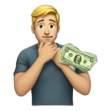 guy with money on his hand and thinking with his hand on his chin  sticker