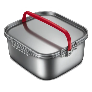 a stainless - steel food container with a red handle on the lid sticker