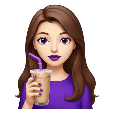 girl with long brown hair, wine lipstick, gold nail polish, drinking a blueberry butter pecan iced coffee with a purple straw  sticker