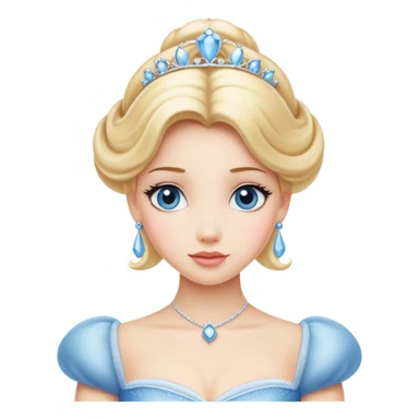Cinematic Elegant Cinderella Portrait Emoji, rendered in a realistic, vector-style with minimal shading and bold, simplified shapes. Depict Cinderella in her classic ball gown (chest and above) with fair, porcelain skin and elegantly styled blonde hair, her eyes soft and kind, and her expression serene and graceful. The design glows with a gentle, enchanting radiance and high shine, capturing the timeless beauty of a fairy tale princess. sticker