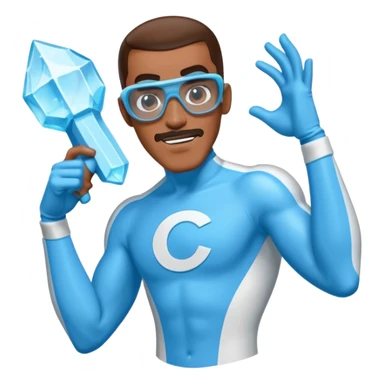 Frozone character in retro stickers style, dynamic pose, icy effects, bold outlines, vibrant colors he says "c'est carré dans l'axe" sticker