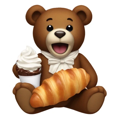 A teddy bear eating a croissant ￼with a coco with whip cream  sticker