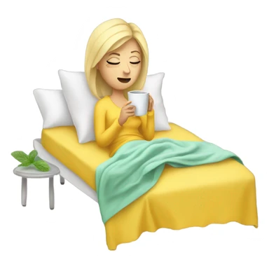 Sick blonde lady in bed with a yellow blanket drinking mint tea sticker