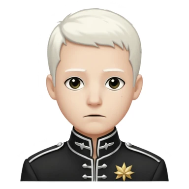 Head and shoulders emoji of a pale man with short white hair, wearing a black marching band jacket with silver trim. black eyeliner. Expression stoic, commanding, and theatrical, heroic emo style sticker