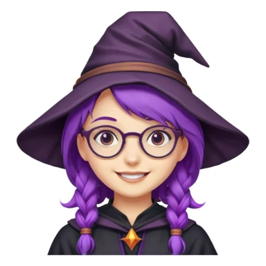 smiling purple haired girl wearing glasses and a witch outfit sticker