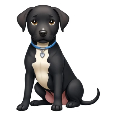 Big black lab pit mix with a white chest sticker