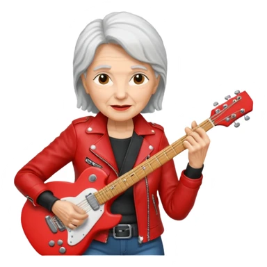 guitar rock player, elder woman head, red jacket sticker