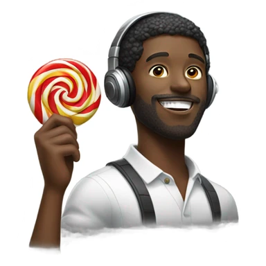 A black man with headphones sucking a lolipop sticker
