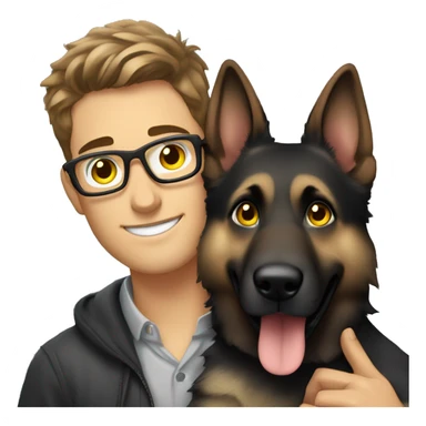 a handsome guy with brown hair, black thin stylish glasses and grey eyes hugging grey german shepherd with yellow eyes sticker