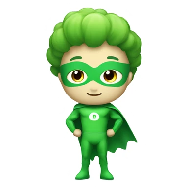kawaii cute funny mini superhero with green clothes and a broccolis as hair,  full body saying hello sticker